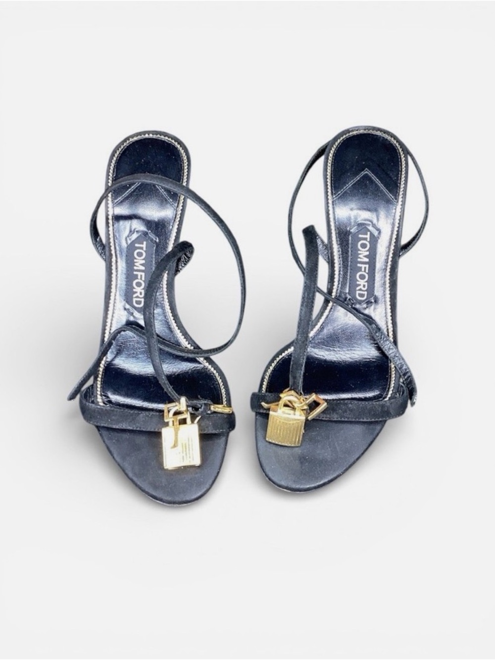 Tom Ford Black Satin and Leather Padlock Strap Heels